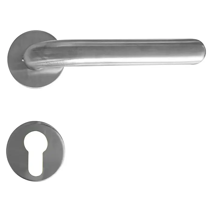 Lienbacher Renoviergarnitur Luna PZ - Edelstahl, Silber - Türgriff aus Edelstahl mit Schlüsselloch-Rosette auf schwarzem Hintergrund.