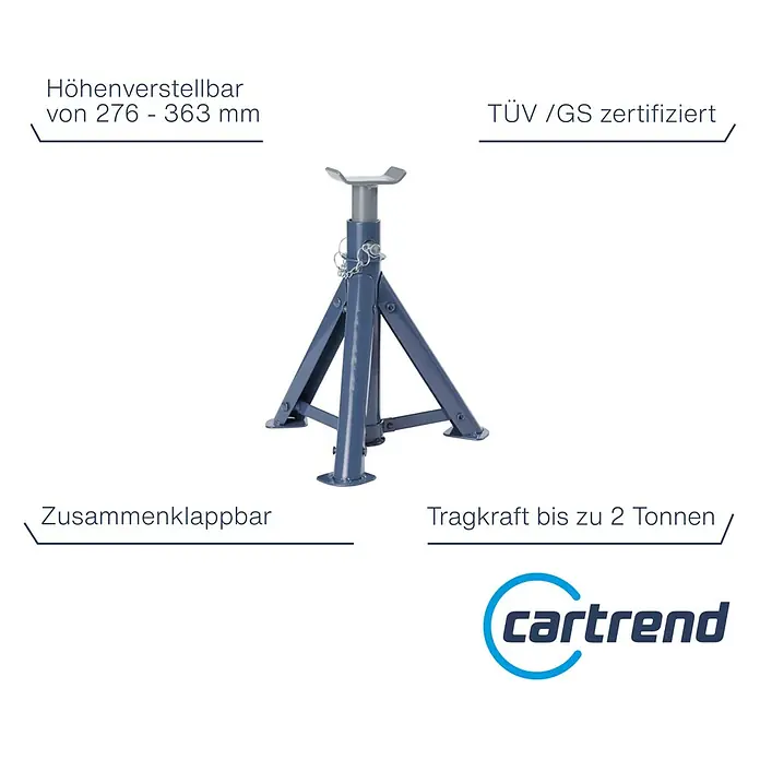 Cartrend Unterstellbock - Teleskopierbar: 27,6 cm - 36,6 cm - Bild einer blaugrauen, klappbaren Cartrend-Unterstellbock, höhenverstellbar von 276-363 mm, TÜV/GS-geprüft, Tragkraft bis 2 Tonnen.