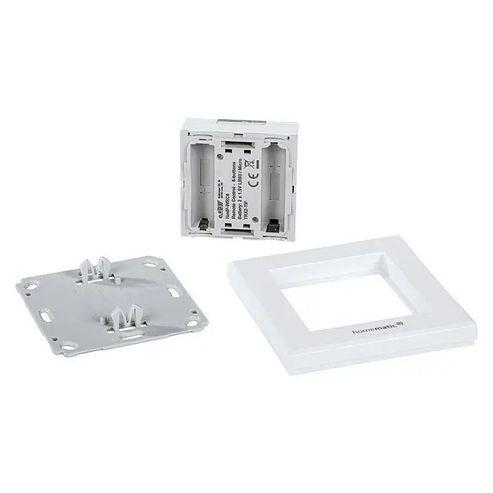 Homematic IP Funk-Wandtaster HmIP-WRC6 - Batteriebetrieben, Weiß, 22 x 86 x 86 mm - Abgebildetes Homematic IP WRC6-Funkmodul mit sechs Tasten, inklusive Batteriefach, Gehäuse und Abdeckung für eine flexible Montage.