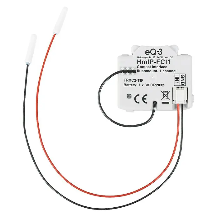 Homematic IP Adapter Kontakt-Schnittstelle HmIP-FCI1 - Batteriebetrieben, Unterputz - Nahaufnahme eines Homematic IP HmIP-FCI1 Kontakt-Interface für Unterputzmontage, das mit einer 3V CR2032 Batterie betrieben wird.