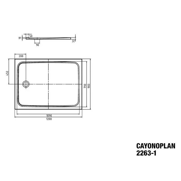 Kaldewei Duschwanne Cayonoplan 2263-1 - L x B: 120 x 90 cm, Stahl, Weiß - Cayonoplan Dusche 2263-1: Technische Zeichnung mit Maßen. Ideal für Badplanung und Installation. Detailgenaue Darstellung für Profis.