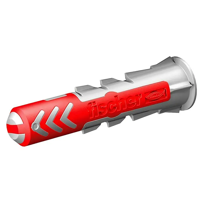 Fischer Duopower Set de tacos - Diámetro taco: 5 mm, Longitud taco: 25 mm, 80 ud., Apto para: Placas de yeso laminado - Un taco fischer UX rojo y gris que muestra el logotipo de fischer. Ideal para una fijación segura en diversos materiales de construcción.