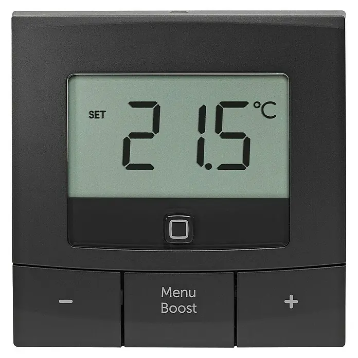 Homematic IP Funk-Raumthermostat HmIP-WTH-B - Anthrazit, Batteriebetrieben, 22 x 85 x 85 mm - Nahaufnahme eines elektronischen Thermostats mit LCD-Display, das auf 21,5 °C eingestellt ist, mit Tasten zur Menüführung und Temperatureinstellung.