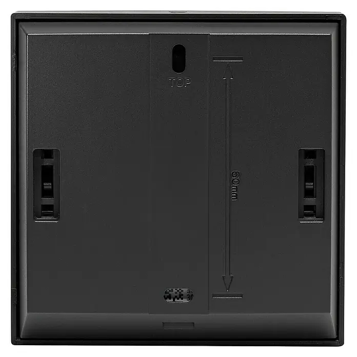 Homematic IP Funk-Raumthermostat HmIP-WTH-B - Anthrazit, Batteriebetrieben, 22 x 85 x 85 mm - Nahaufnahme der Rückseite einer schwarzen Unterputzdose mit Befestigungsdetails und Abmessungen für die Installation.