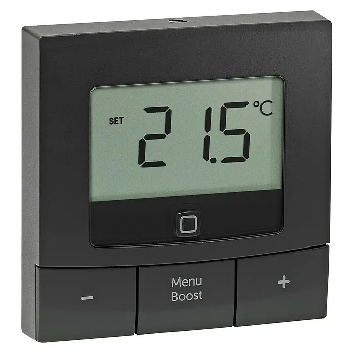 Homematic IP Funk-Raumthermostat HmIP-WTH-B - Anthrazit, Batteriebetrieben, 22 x 85 x 85 mm - Bild eines schwarzen digitalen Raumthermostats, der auf 21,5 °C eingestellt ist, mit Tasten für Menü und Temperaturregelung.\n
