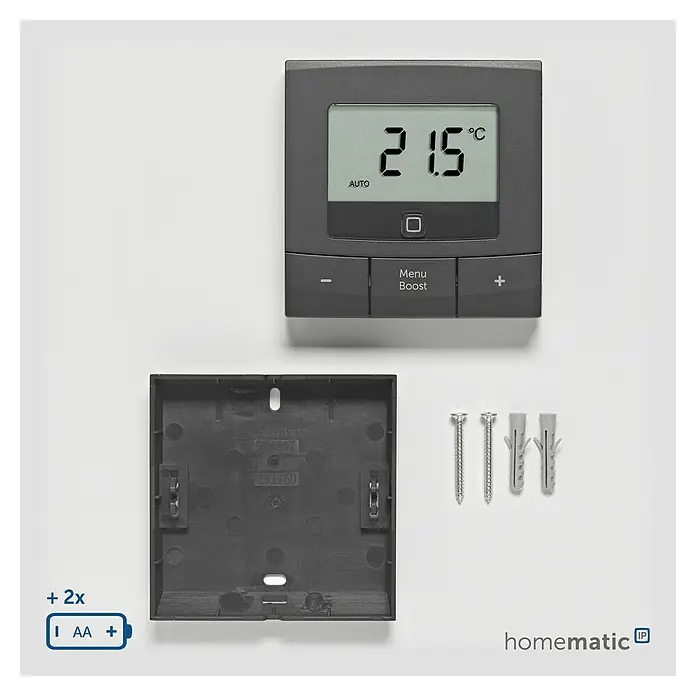 Homematic IP Funk-Raumthermostat HmIP-WTH-B - Anthrazit, Batteriebetrieben, 22 x 85 x 85 mm - Homematic IP Wandthermostat mit Display zur präzisen Temperaturregelung, inklusive Montagezubehör für die einfache Installation.