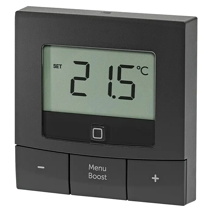 Homematic IP Funk-Raumthermostat HmIP-WTH-B - Anthrazit, Batteriebetrieben, 22 x 85 x 85 mm - Das Bild zeigt ein elektronisches Thermostat in Grau mit einem Display, das eine Temperatur von 21.5°C anzeigt. Das Thermostat hat Tasten zur Bedienung.