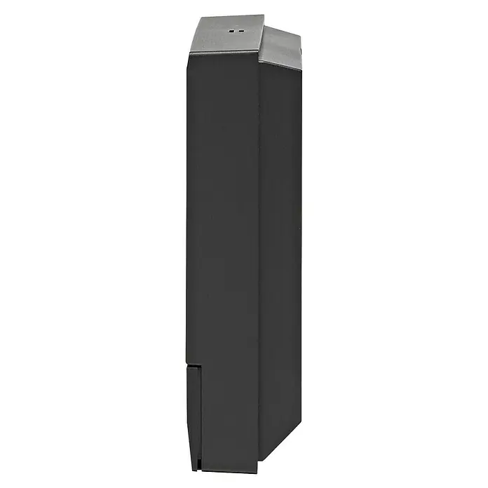Homematic IP Funk-Raumthermostat HmIP-WTH-B - Anthrazit, Batteriebetrieben, 22 x 85 x 85 mm - Seitliche Ansicht einer schmalen, hohen, dunklen Elektronikbox, die für ihre diskrete, unauffällige Bauweise bekannt ist.