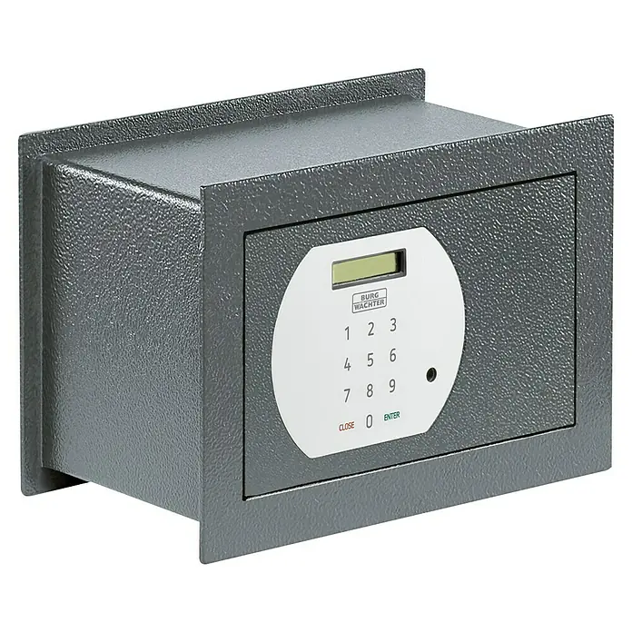Burg-Wächter Möbeltresor PSW 110E - Elektronisches Zahlenschloss - Nahaufnahme eines grauen Tresors von Burg Wächter mit digitalem Tastenfeld für sichere Aufbewahrung von Wertgegenständen.