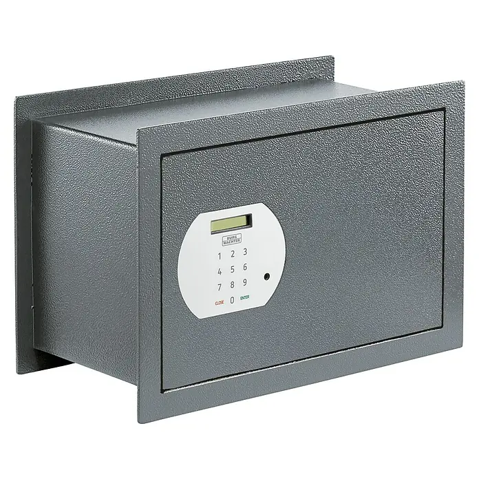 Burg-Wächter Möbeltresor PSW 130E - L x B x H: 195 x 445 x 313 mm, Elektronisches Zahlenschloss - Bild eines grauen Safes von Burg Wächter mit elektronischem Zahlenschloss, der in einer Wand eingebaut ist. Ideal für Hotels und Büros.