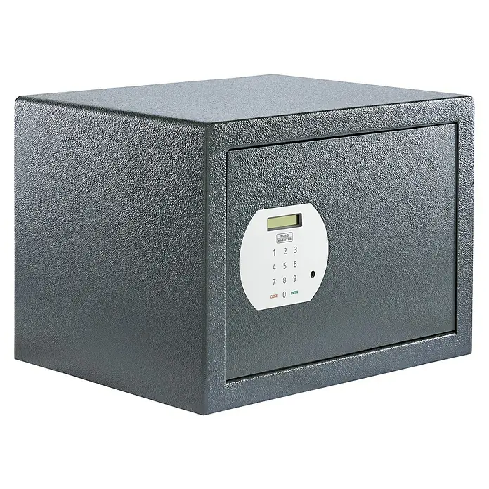 Burg-Wächter Möbeltresor PS 130E - L x B x H: 350 x 440 x 320 mm, Elektronisches Zahlenschloss - Abbildung eines grauen Burg-Wächter Möbeltresors mit elektronischem Zahlenschloss für sichere Aufbewahrung von Wertsachen.
