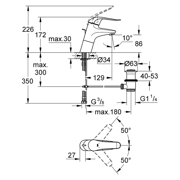Grohe Euroeco Special Waschtischarmatur groß - Chrom, Glänzend, Mit Zugstange - Produktbild mit Maßangaben einer Armatur, inklusive Höhe, Durchmesser und Winkel für Installation und Design.