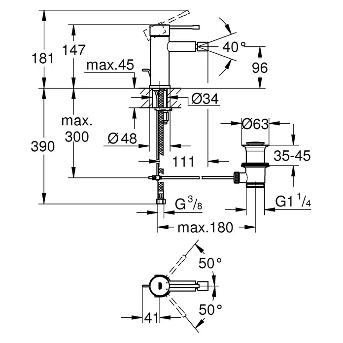 Grohe Essence New Bidetarmatur - Warm Sunset, Matt - Abbildung einer Armatur mit Maßangaben, inklusive Höhe, Durchmesser und Winkel.