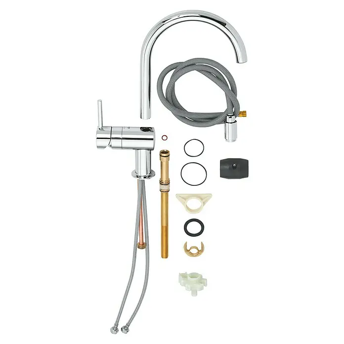 Grohe Spültischarmatur Minta - C-Auslauf, Chrom, Glänzend, Ausziehbar - Abgebildete Küchenarmatur mit Zubehörteilen. Die Armatur ist in Chromoptik gestaltet und für moderne Küchen geeignet.