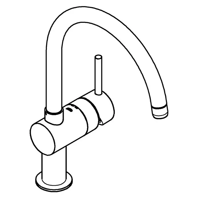 Grohe Spültischarmatur Minta - C-Auslauf, Supersteel, Matt, Schwenkbar - Eine stilisierte Darstellung einer modernen Küchenarmatur mit gebogenem Auslauf und Hebel für Wassersteuerung.