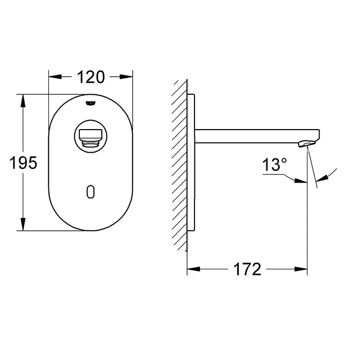 Grohe Euroeco Waschtischarmatur - Wandmontage, Chrom, Glänzend, Ausladung Armatur: 172 mm - Technische Zeichnung einer Grohe Eurocube E Waschtischarmatur mit Maßangaben für Installation und Design.