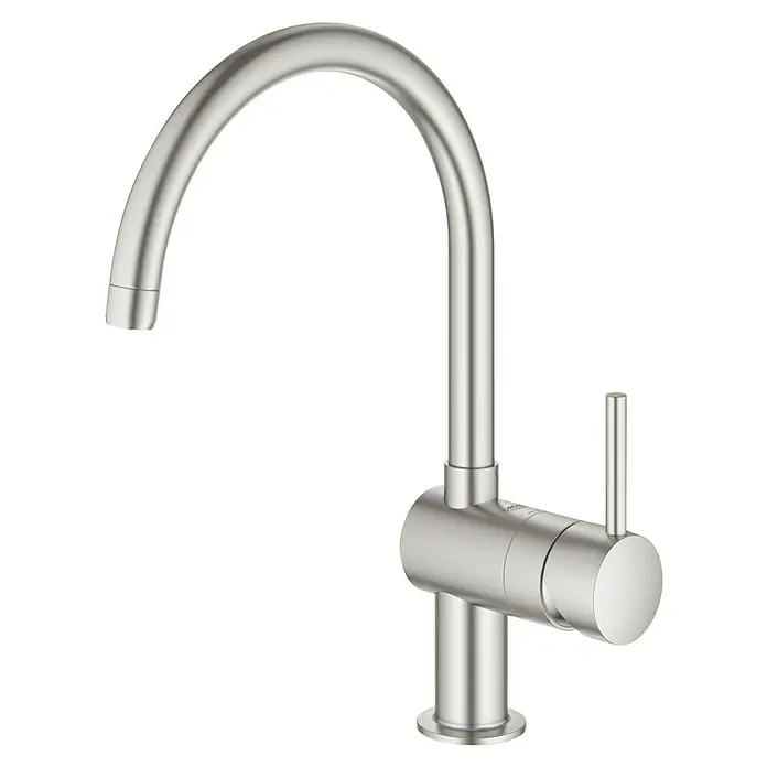 Grohe Spültischarmatur Minta - C-Auslauf, Supersteel, Matt, Schwenkbar - Eine moderne Küchenarmatur in gebürstetem Nickel, die Eleganz und Funktionalität in jeder Küche vereint. Hochwertiges Design für den täglichen Gebrauch.