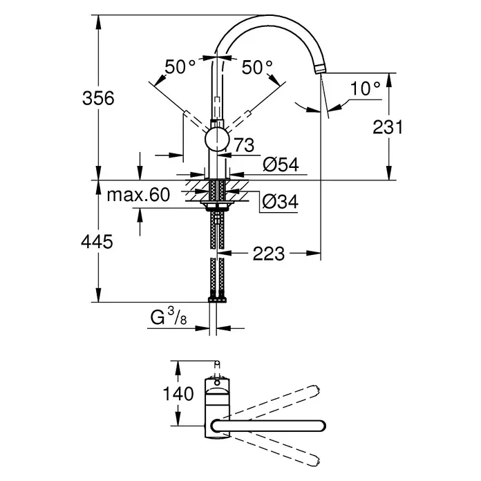 Grohe Spültischarmatur Minta - C-Auslauf, Supersteel, Matt, Schwenkbar - Technische Zeichnung einer Küchenarmatur mit Maßen und Winkeln, die die Dimensionen und Installationsdetails des Produkts zeigt.
