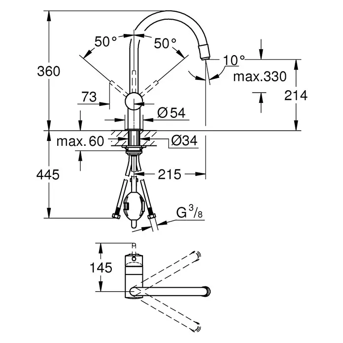 Grohe Spültischarmatur Minta - C-Auslauf, Chrom, Glänzend, Ausziehbar - Technische Zeichnung einer Küchenarmatur mit Maßangaben zu Höhe, Ausladung und Durchmesser für die Montageplanung.