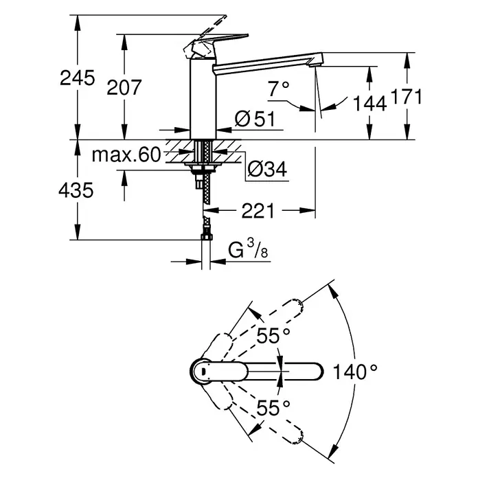 Grohe Eurosmart Cosmopolitan Spültischarmatur - Supersteel, Matt - Technische Zeichnung eines Wasserhahns mit Maßangaben zu Höhe, Ausladung und Durchmesser. Die Skizze zeigt Details zur Montage.