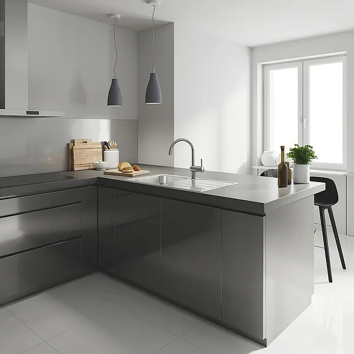 Grohe Spültischarmatur Minta - C-Auslauf, Chrom, Glänzend, Ausziehbar - Moderne Küche mit Edelstahlmöbeln, Spüle und minimalistischer Beleuchtung. Ein stilvolles und funktionales Design für den modernen Haushalt.