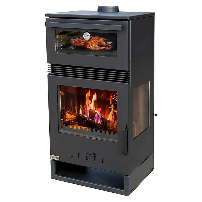 Teba Estufa de leña con horno TKS15 - 12,8 kW, Volumen de calefacción: 257 m³, Negro - Estufa de leña con horno. La estufa de leña con horno integrado es ideal para calentar y cocinar con leña.