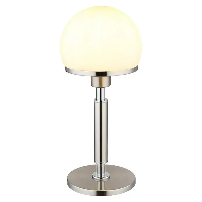 Globo Tischleuchte rund Haku - 40 W, Nickel matt, Weiß - Diese Abbildung zeigt eine stilvolle Schreibtischlampe mit einem runden Lampenschirm und einem schlanken, silberfarbenen Metallsockel.