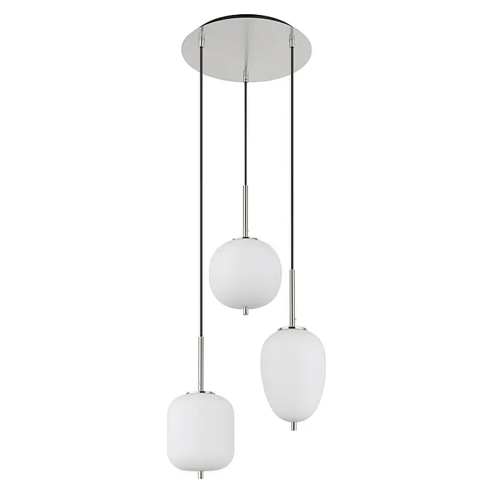 Globo Pendelleuchte Blacky I - 40 W, Ø x H: 46 x 120 cm - Eine elegante Pendelleuchte mit drei weißen Kugelschirmen und silbernen Akzenten, die ein modernes Ambiente schafft.