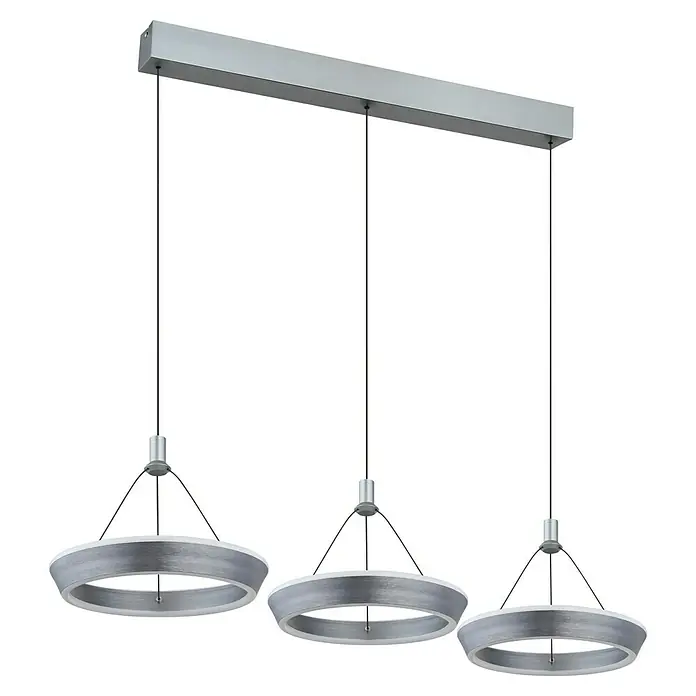 Globo LED-Pendelleuchte Ferra - 36 W, L x B x H: 97,5 x 30,4 x 180 cm, Titanfarben gebürstet, Titanfarben gebürstet, Warmweiß - Eine moderne Hängelampe mit drei runden Lampenschirmen in Silberoptik, die von einer rechteckigen Halterung an der Decke hängen.