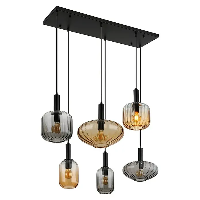 Globo Pendelleuchte Valletta - 60 W, L x B x H: 100 x 47 x 150 cm, Amber, Schwarz matt - Elegante Pendelleuchte mit sechs stilvollen Glasschirmen in verschiedenen Formen und Farben, die ein warmes und einladendes Licht verbreiten.