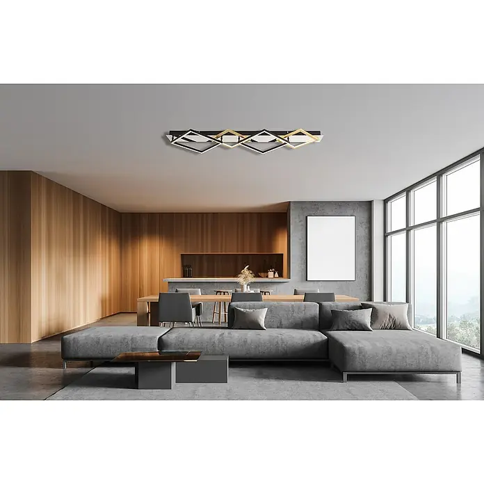 Globo LED-Deckenleuchte Lesina - 40 W, L x B x H: 104,5 x 35,5 x 7 cm, Silber verchromt, Gold gebürstet, Warmweiß - Moderne LED-Deckenleuchte mit geometrischem Design in Schwarz, Gold und Weiß, ideal für Wohnzimmer und Essbereich. Elegante Beleuchtungslösung.