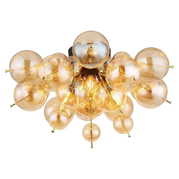 Globo Udo Deckenleuchte - 25 W, Ø x H: 55 x 28 cm, Amber, Schwarz matt - Nahaufnahme einer goldenen Kugel-Deckenleuchte, die mit mehreren Glühbirnen für warmes Licht sorgt.\n