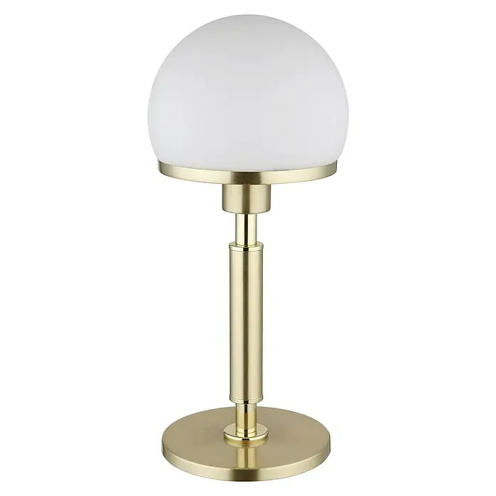 Globo Tischleuchte rund Haku - 40 W, Ø x H: 18 x 40 cm, Messing, Weiß - Elegante Tischleuchte mit einem runden, goldenen Sockel, einem zylindrischen Ständer und einem milchig-weißen Lampenschirm in Kugelform.