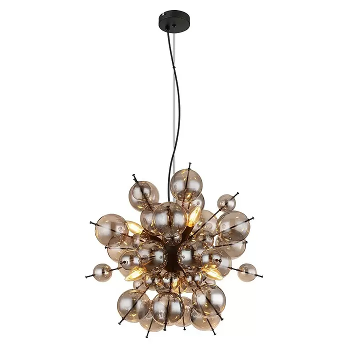 Globo Udo Pendelleuchte - 25 W, Ø x H: 55 x 120 cm, Rauch, Schwarz matt - Moderne Hängelampe mit zahlreichen bernsteinfarbenen Glaskugeln verschiedener Größen, von innen beleuchtet, an einem schwarzen Baldachin hängend.