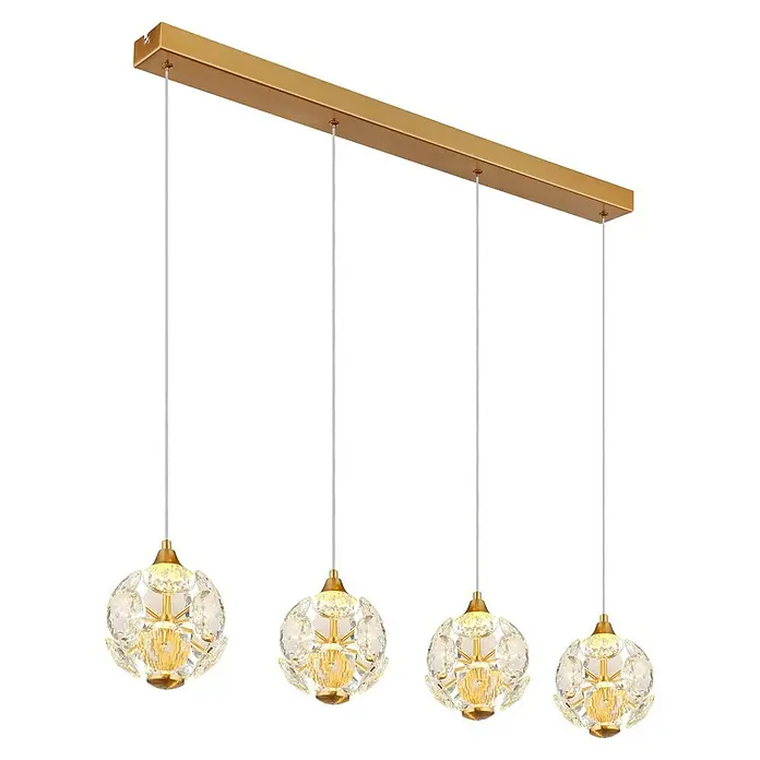 Globo Virina LED-Pendelleuchte - 32 W, L x B x H: 93 x 15 x 150 cm, Klar, Gold - Elegante Pendelleuchte mit vier Kristallkugeln. Diese luxuriöse Leuchte ist ein Blickfang und sorgt für stimmungsvolles Licht.