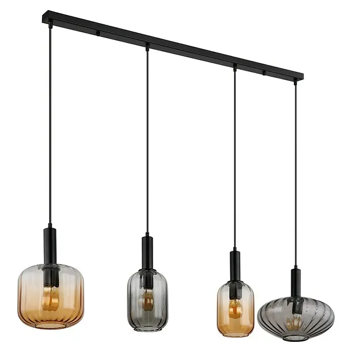 Globo Pendelleuchte Valletta - 60 W, L x B x H: 127 x 30 x 150 cm, Amber, Schwarz matt - Elegante Pendelleuchte mit vier Lampen und verschiedenfarbigen Glasschirmen für stimmungsvolle Beleuchtung.