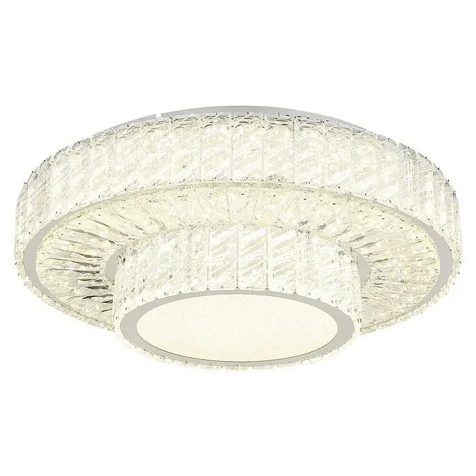 Globo Mucky LED-Deckenleuchte rund - 50 W, Ø x H: 50 x 17,3 cm, Klar, Silber verchromt, Warmweiß - Nahaufnahme einer luxuriösen, runden LED-Deckenleuchte mit Kristallverzierungen, die ein elegantes und helles Ambiente schafft.
