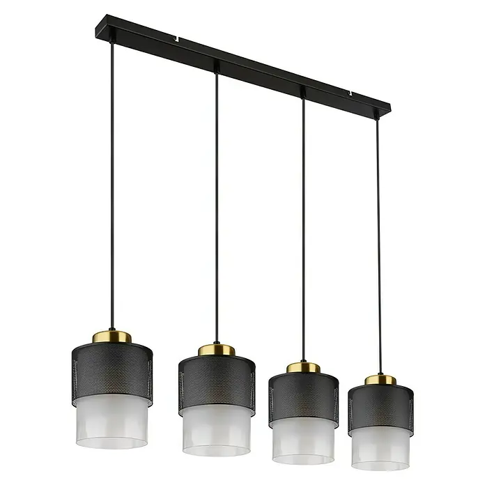 Globo Pendelleuchte Olga - 60 W, L x B x H: 91 x 16 x 120 cm, Rauch, Schwarz matt - Eine moderne Pendelleuchte mit vier zylindrischen Lampenschirmen in Schwarz und Weiß, ideal für Esszimmer oder Kücheninseln.