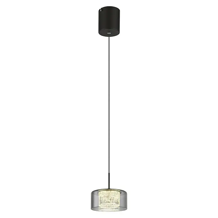 Globo LED-Pendelleuchte rund Fogsy - 6 W, Ø x H: 15 x 150 cm, Rauch, Schwarz, Warmweiß - Moderne Pendelleuchte mit schwarzem Zylinder und gläsernem Lampenschirm, der ein dekoratives Lichtelement umgibt. Elegantes Design für jeden Raum.