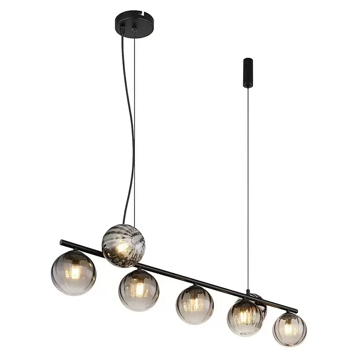 Globo Dallerta Hängelampe Dallerta - 10 W, Schwarz matt, L x B x H: 95 x 28 x 120 cm, G9, 7 Stk. - Moderne schwarze lineäre Pendelleuchte mit sechs beleuchteten Glaskugeln, eine davon mit Spiralmuster.