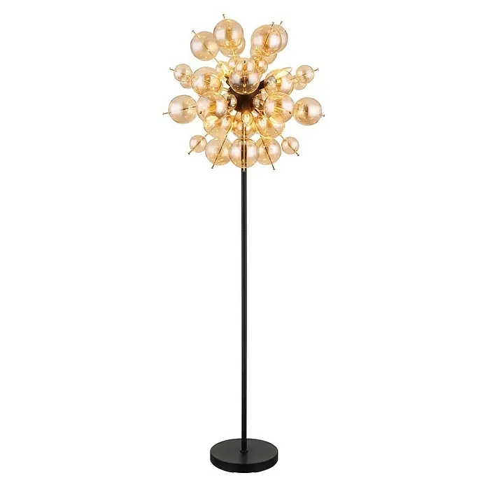 Globo Udo Stehleuchte - 25 W, Höhe: 155 cm, Schwarz matt, Amber - Elegante Stehlampe mit goldenen Kugeln und schwarzem Gestell. Die Lampe ist ein stilvolles Dekoelement.