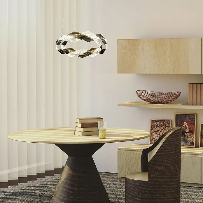 Globo Karilion LED-Pendelleuchte rund - 24 W, Ø x H: 37 x 130 cm, Rauch, Silber verchromt - Moderne Deckenleuchte mit geometrischem Design über einem Esstisch. Die Leuchte ist ein echter Hingucker in jedem Raum.