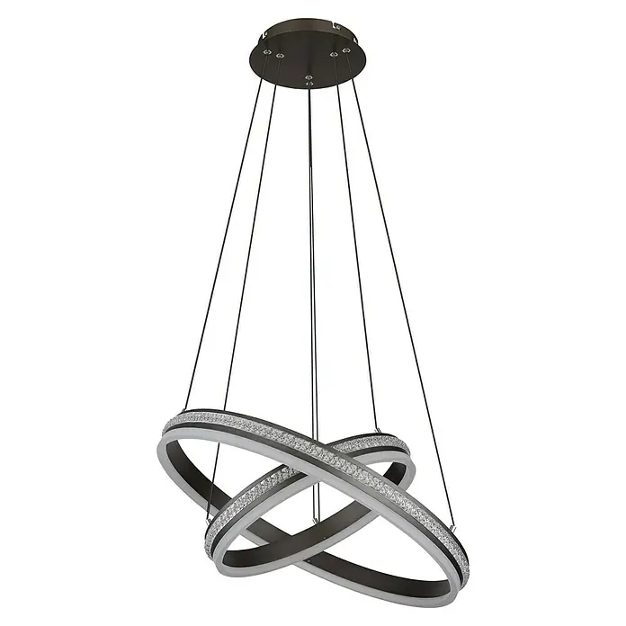 Globo Grouni LED-Pendelleuchte rund - 60 W, Ø x H: 60 x 120 cm, Titanfarben gebürstet - Moderne LED-Hängeleuchte mit zwei ineinander verschlungenen Ringen, verziert mit funkelnden Kristallen, für stilvolle Beleuchtung.