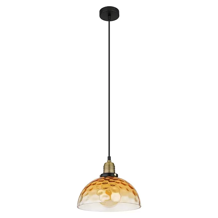 Globo Salvy Pendelleuchte - 60 W, Ø x H: 25 x 120 cm, Amber, Schwarz matt - Schwarze Pendelleuchte mit messingfarbener Fassung und gehämmertem Bernsteinglasschirm.