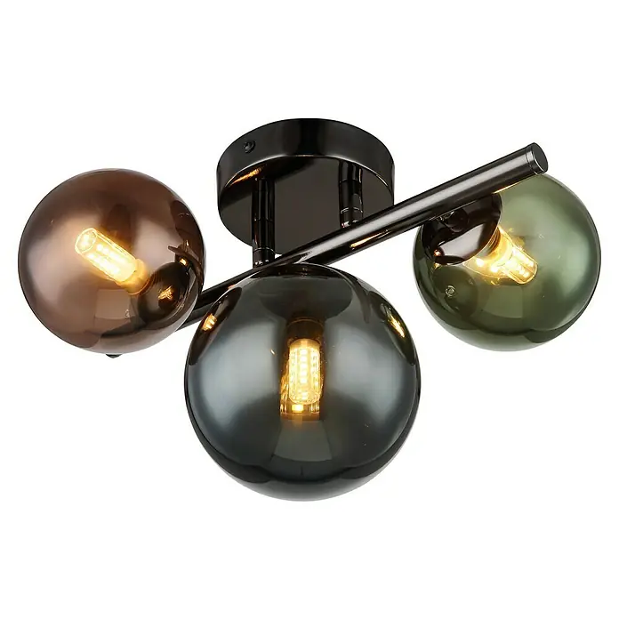 Globo Riha Deckenleuchte - 3,5 W, Ø x H: 28,3 x 18,9 cm, Mehrfarbig, Grau matt, Warmweiß - Moderne Deckenleuchte mit drei verschiedenfarbigen Glaskugeln und einem schwarzen Finish, ideal für stilvolle Innenräume und angenehme Beleuchtung.