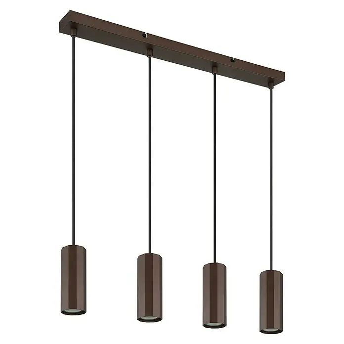Globo James Pendelleuchte - 25 W, L x B x H: 61 x 6 x 120 cm, Bronze, Bronze - Diese Aufnahme zeigt eine moderne Hängeleuchte mit vier zylindrischen Lampenschirmen in einem warmen Braunton.