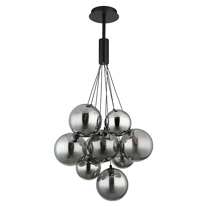 Globo James Stehleuchte - 5 W, Höhe: 158 cm, Grau matt - Moderne Hängeleuchte mit mehreren Chromkugeln, die an schwarzen Kabeln von einer schwarzen Deckenhalterung hängen. Elegante Beleuchtung für jeden Raum.