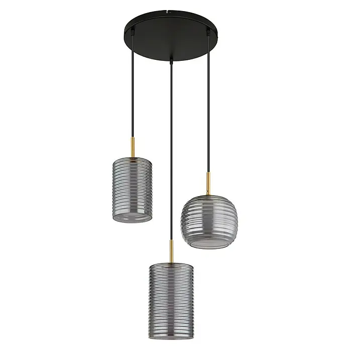 Globo LED-Pendelleuchte rund Lampigna - 27 W, Ø x H: 50 x 150 cm, Weiß opal, Schwarz matt - Stylische Hängeleuchte mit drei unterschiedlich geformten, geriffelten Glasschirmen und schwarzen Aufhängungen für modernes Ambiente.