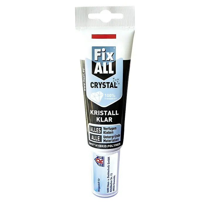 Sarei Spezialkleber Fix All für Dachrinnen - 130 g - Abbildung einer Tube Fix ALL Crystal Klebstoff, ein transparentes Hybridpolymer für universelle Anwendungen im Innen- und Außenbereich.