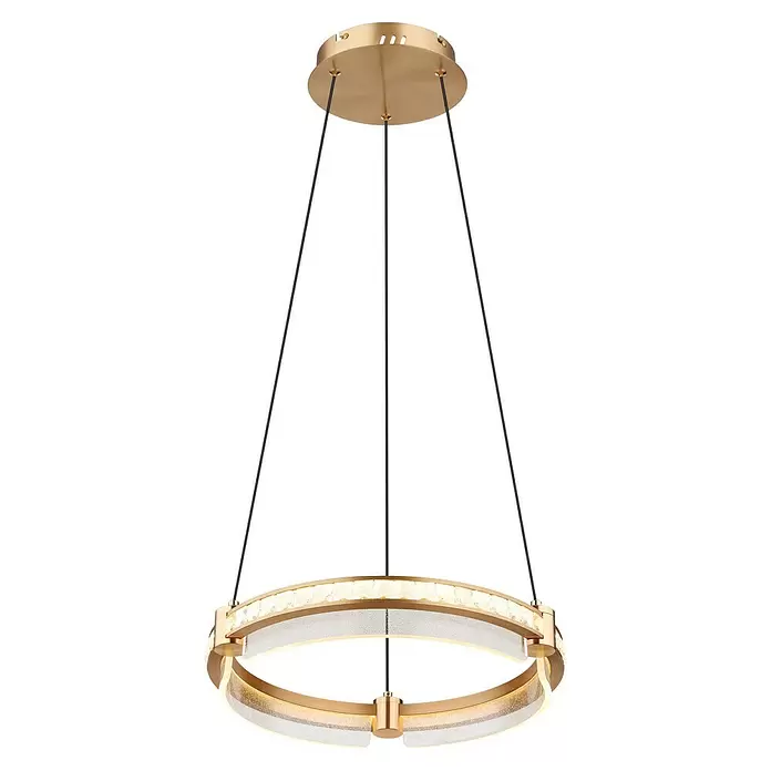 Globo Blondie LED-Pendelleuchte - 36 W, 40 x 120 cm, Gold, Gold, Mehrfarbig - Goldener runder LED-Kronleuchter mit Kristallakzenten, von einer Deckenhalterung abgehängt.